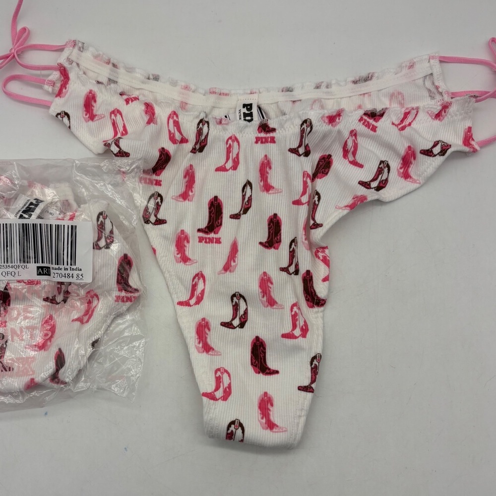 2- NWT VICTORIA'S SECRET PINK COWBOY BOOTS RIBBED RUFFLE Thong/String size Large